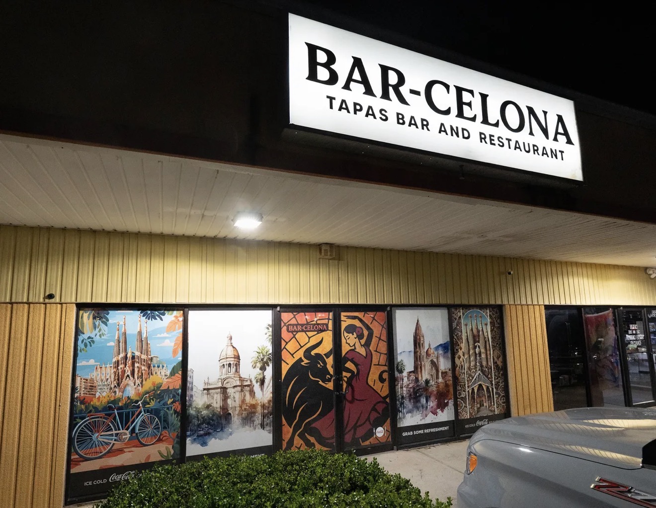 Bar-Celona tapas bar entrance in the evening